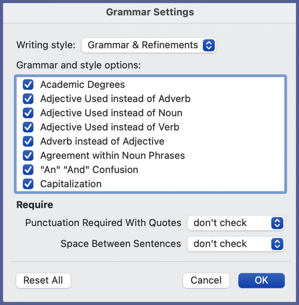 Microsoft (MS) Word grammar settings